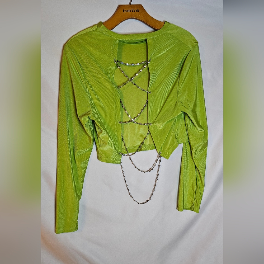 Green Rhinestone Backless Crop Top - Picture 3 of 6
